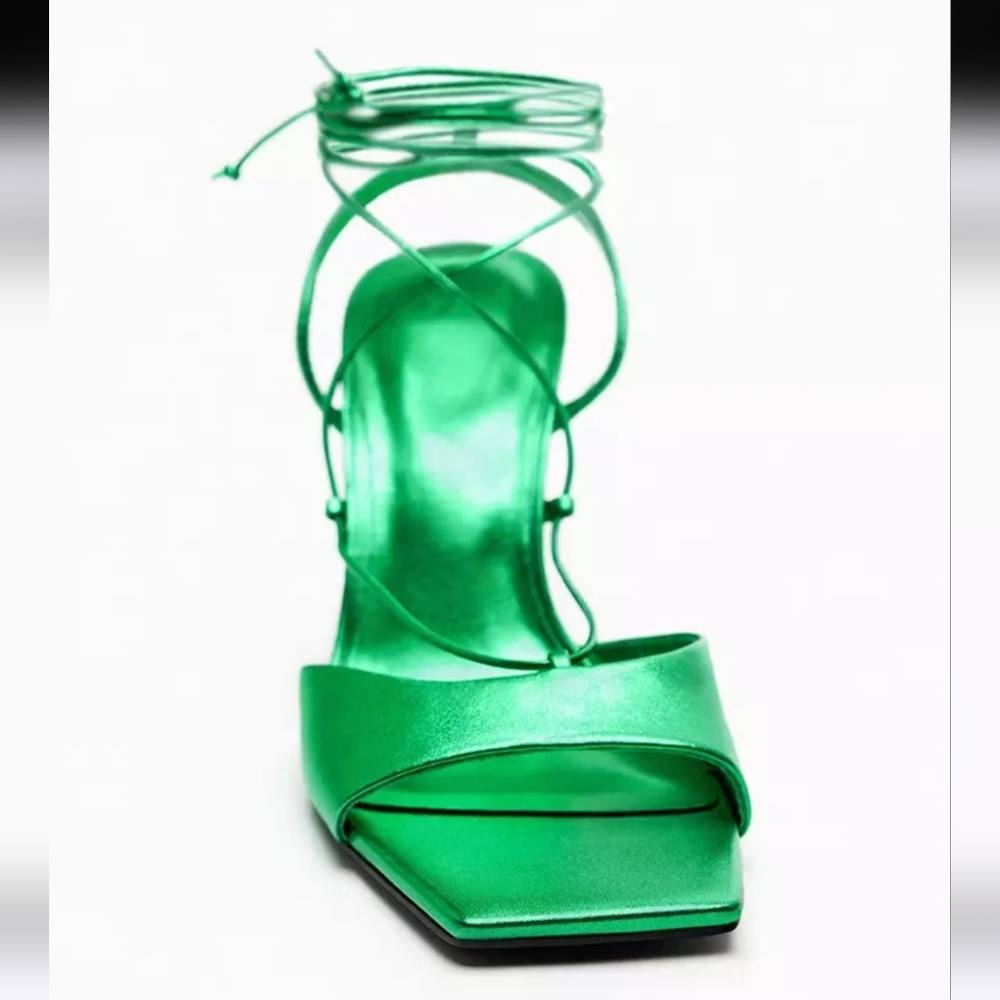 NWOT Zara Metallic Green Lace-up Leather Sandals, Size 7.5 - Picture 3 of 17